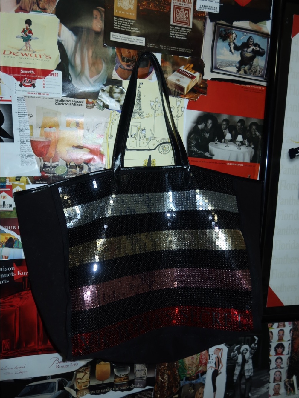 Victoria's Secret Black Tote with Metallic Sequin Stripes